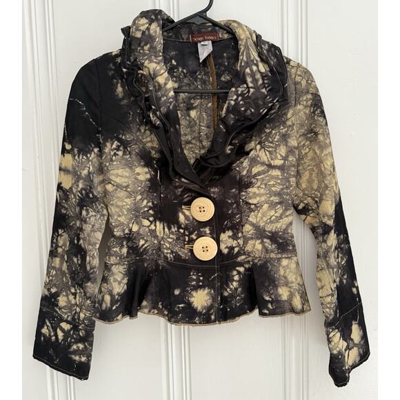 Design Todays Small Jacket Black Tan Tie Dye Wire Ruffle Collar Art Big Button - Picture 1 of 11